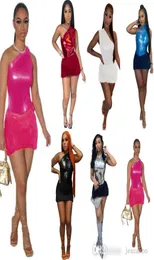 Дизайнерские летние женские спортивные костюмы с двумя кусочками наряды Slim Pu кожа одно плечо комбинезон и вязаная шерстяная короткая юбка костюма8760579