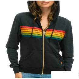 Kadın Hoodies Sweatshirts Zip-up Ceket Kadınlar Gökkuşağı Çizgisi Birleştirme Uzun Kollu Sıkışmış İnce Kapşonlu Sonbahar Moda Avrupa-USA Sty DHC9S