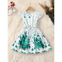 Summer Girls Dress Green Flower Belt Lotus Sleeves Fashion Cheap Children's Clothing 4-7Y L2405