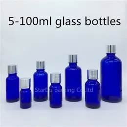Garrafas de armazenamento 5ml 10ml 15ml 20ml 30ml 50ml 100ml de frascos de garrafa de vidro azul Óleo essencial com perfume de tampa de parafuso prateado