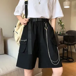 Rimocy Harajuku Chain Cargo Shorts Women Summer Big Pockets Wide Leg Shorts Woman Black High Waist Streetwear Shorts Female 240517