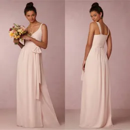 Vestidos de dama de dama de honra rosa clara Blush, comprimento de chiffon V de pescoço, vestidos formais de casamento com encerramento de gravata borboleta 210o