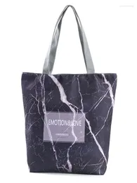Bag Miyahousetrendy Letter Design Canvas Beach Påsar Kvinnlig blå marmorering Tryck axel shopping handväskor hög kapacitet grossist