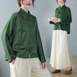 Этническая одежда 2024 Весенняя китайская рубашка в стиле китайского стиля темно -зеленая женщина Cheongsam top Button Tang костюм винтаж Femme традиционная китайская блузка