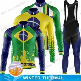 레이싱 세트 2024 브라질 팀 사이클링 저지 세트 겨울 의류 남자 도로 자전거 열 자켓 정장 자전거 바지 MTB 라이딩 유니폼