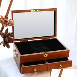 Jewelry Pouches Bags Solid Wood Box With Lock Wooden Customization Retro Large Capacity Flannel Storage Daily Drop Delivery Packagi Dhmbf