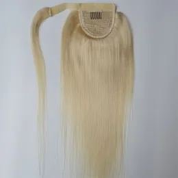 Brazilian Human Hair Ponytails Magic Sticker Straight Hook & Loop Ponytail Peruvian Indian 613# Blonde Color 10-28inch