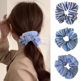 Gestreifte Falten Scrunchies Girls Elastic Lary Darm Hair Ring Einfache blaue weiße Streifen Haarseile Mode Haarzubehör