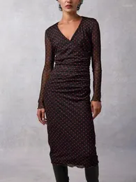 Gelegenheitskleider Frauenkleid 2024 Polka Dot gedruckt Falten mit V-Ausschnitt Slim Retro Long Sleeve Midi Roben