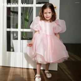 Girl Dresses Nersesyan Shiny Pink Flower For Wedding A-Line Inside Tulle Puff Sleeves Lace Up Back Occasional Party Gowns Child