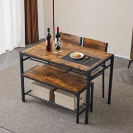 ZK20 Dining 4, mesa de cozinha com 2 cadeiras e um banco, mesa de cozinha de 4 peças para pequeno espaço, apartamento de pub em casa de cozinha, marrom rústico