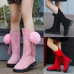 Boots MHYONS 2024 Winter Girls Fashion Tassel Hair Ball Children's High Big Kids Slip Plus Velvet Princess