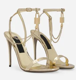 Designer Womens Dress Shoe Elegant Brand Keira Patent Leather Sandals Shoes Charm-embellished ChainBlack & Gold Padlock Heeled Pumps Lady Gladiator Sandalias Box