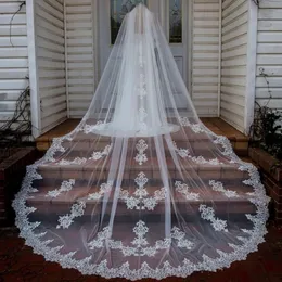 Catedral Len Long Wedding Véils personalizados feitos de marfim branca véus de noiva com pente de lace penteada Véu de casamento barato 286q