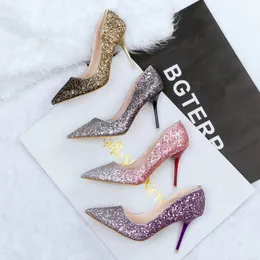 Blingbling Ombre Brautkleider 2021 Promi -inspirierte formelle Schuhe High Heels 9 5 cm Glold Silber Pink Purple Prom Schuhe 291p