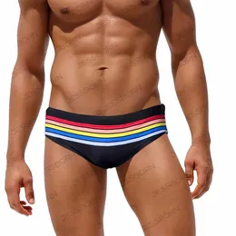 Men's Swimwear Summer Mens Rainbow Striped Swimwear Sexy Low Waist Pouch Pad Swim Briefs High Quality Male Sport Beach Quick Dry Bathing Suits Y240517