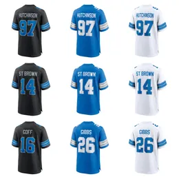 2024 FOTBALL JERSEY AIDAN HUTCHINSON 97 St. Brown 14 Jared Goff 16 Sanders 20 Gibbs 26 lagtröjor Blue Black White Color Stitched Men's Size S-XXXL