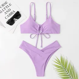 Set di bikini da bagno femminile set sexy pizzo viola-up 2024 Mujer High gamba taglio da bagno da nuoto da bagno cavo abito da bagno bibico