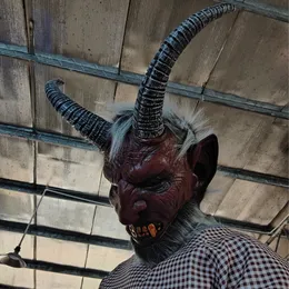 Chirstmas Kostüm Kopfbedeckung Party schreckliche Requisiten Horn Teufel Dämon Latex Mask Realistische Krampus Dämon Mask 240517