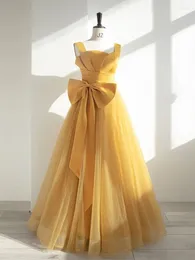 Party Dresses Chic Yellow Evening Dress Sleeveless Big Bow-Knot Floor Length Tulle Gown 2024 Women Banquet Vestidos De Noche