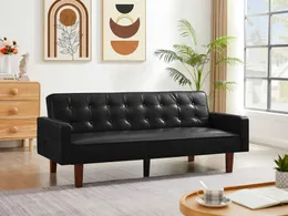 ZK20 أسود قابل للتحويل قابلة للطي قابلة للطي أريكة سرير ، أزرار جلدية بولة معنقدة أقدام خشبية قابلة للإزالة