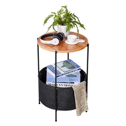 Tavolo laterale rotondo con cesto di stoccaggio comodino da tavolo da piccola estremità con archiviazione in tessuto per casa per la camera da letto