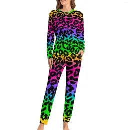 Fantasia feminina Fantasia do arco -íris Pijamas estampa de leopardo kawaii conjunto mulher Mulher manga longa Casual Nightwear Big Size 5xl 6xl