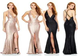 Nyaste 2018 Maxi Dress Deep Vneck Hollowout Strap Sexig Long Prom Party Dress Empire Split paljetter Evening Dresses5415164