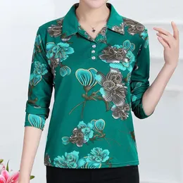 Damskie Polos Vintage Floral Printing Tops Spring Autumn Polo Neck Patchwork Button Long Sleeve Lose Pullover T-shirt Ubranie