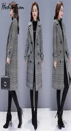 Hodisytian Winter Women Wool Blends Plaid Trench Coat Elegant Ytterkläder Casual Loose Tjock Cardigan Female Cashmere Overcoat 3XL 22917874