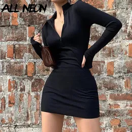 캐주얼 드레스 Allneon Acubi 패션 니트 지퍼 업 꽉 미니 드레스 여성 긴 슬리브 바디콘 Y2K 세련된 스트리트웨어 검은 복장