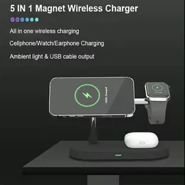 Aulidtech 5 in 1 Magnetic Wireless Charger QI Charging Station 15W For iPhone 12 13 14 15 Apple Watch 9 8 7 6 5 Airpod 2 3 Pro with Lamp
