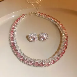 Hochzeit Schmuck setzt Deluxe Kristall Halskette Ohrring Set Pink AB Bunte Damenpartyzubehör