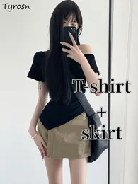 Work Dresses Sweet 2 Pcs Sets Women Off Shoulder Irregular T-shirts Mini A-line Skirts Summer Simple Temperament Fashion Chic Office Lady