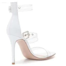 Höga klackar mode märke design sandaler metall spänne band transparent pvc kvinnor skor rund tå sandalias de mujer vita pumpar v 678 d 9f4f