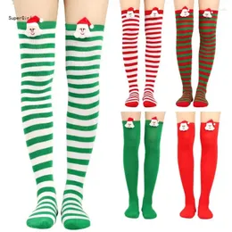 Women Socken Weihnachten über Knie langer 3D -Weihnachtsmann für puppengestreifte Druck Oberschenkel High Strümpfe Holiday Party Hosie