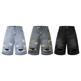 Man Street tvättade gammalt slitet hål denim Kort mäns baggy jeans kvinnor mode lösa breda ben shorts jean designer blå