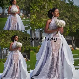 Plus Szie African Wedding Dresses with Detachable Train 2023 Modest High Neck Puffy Skirt Sima Brew Country Garden Royal Wedding Gown 284R