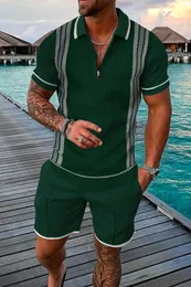 Men Summer Polo Shirt Set 2 Stück Hawaii Tracksan Casual Business Anzug Modetrun Down Collar Reißverschluss Kleidung Vintage Outfit 240514