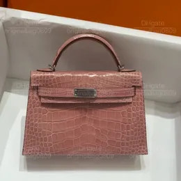 12A Top Spiegel-Qualität Designer-Einkaufstaschen reines Hand-Sewn Cherry Blossom Pink Hell-Face-Krokodil-Hautdesign 19 cm Silberschnalle verschönerte Luxushandtasche mit Schachtel.
