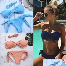 Womens Swimwear Sexy Bandage Mini Halter Bikini Strapless 2022 Pink Ladies String Tankini Swimming Suits For Women Beach Wear Drop D Dhtdj
