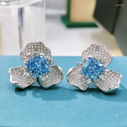 Stud Earrings SpringLady 925 Sterling Silver Radiant Flower 7MM Aquamarine Simulated Moissanite For Women Luxury Fine Jewelry