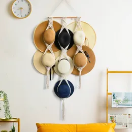 Nordic Boho Cotton Rope Hanging Hat Organizer Display Rack Storage Cap Holder Scamer Macrame Tapestry Home Wall Decor 240516