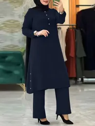 Abbigliamento etnico Donne arabi Eid Musulmani Due pezzi Set camicetta gamba larga pantalone musulman cintura a bottone a bottone ramadan abiti modesti t240515