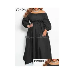 Платья плюс размеры 5xl Vonda Summer Maxi Sundres Long Dress Button Casual Solid Elegant Shoder Bohemian Party Vestido 2404 Dhuwh