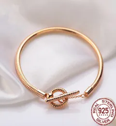 2021 Bracelete de cor de ouro rosa 925 Momentos de prata esterlina Pink Fan Fan Snake Chain Fit Charm Women Gift6242325