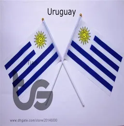 Uruguay -Flag -Banner 10 PitchesLot 14x21cm Flag 100 Polyester -Flaggen mit Kunststoff -Fahnenmasten zur Feierdekoration Uruguay8968307