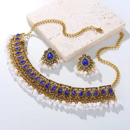 Zestawy biżuterii ślubnej luksus vintage indyjski zestaw antyczny złoty plisowany kryształowy naszyjnik z cyrkonem Ethic Bride Bijoux Prezent
