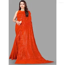 Ubranie etniczne Orange cekin georgette impreza noszona kolekcja sari z sukienką koszulową