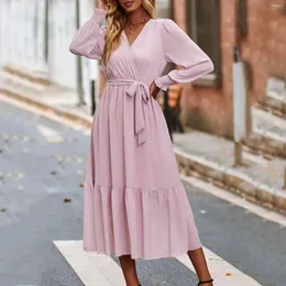 Casual Dresses Women's Dress Elegant Long Sleeve Wrap V Neck Ruffle bälte en linje flödande maxi fast färg som flyter för kvinnor